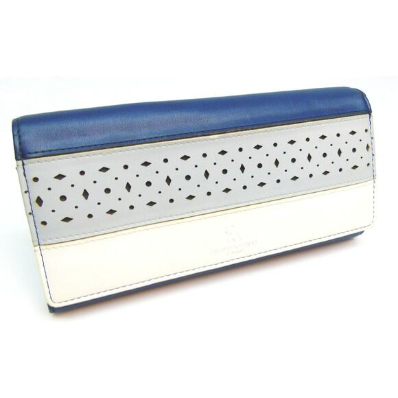 Hiroko Koshino Femme FULL WALLET Blue White Tan HK Logo Snap Zip Closure - Picture 1 of 7